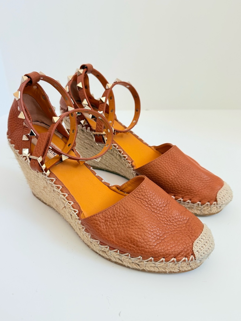 Valentino Garavani Cognac Rockstud Double Wrap Espadrille Wedge Sandals EU 38